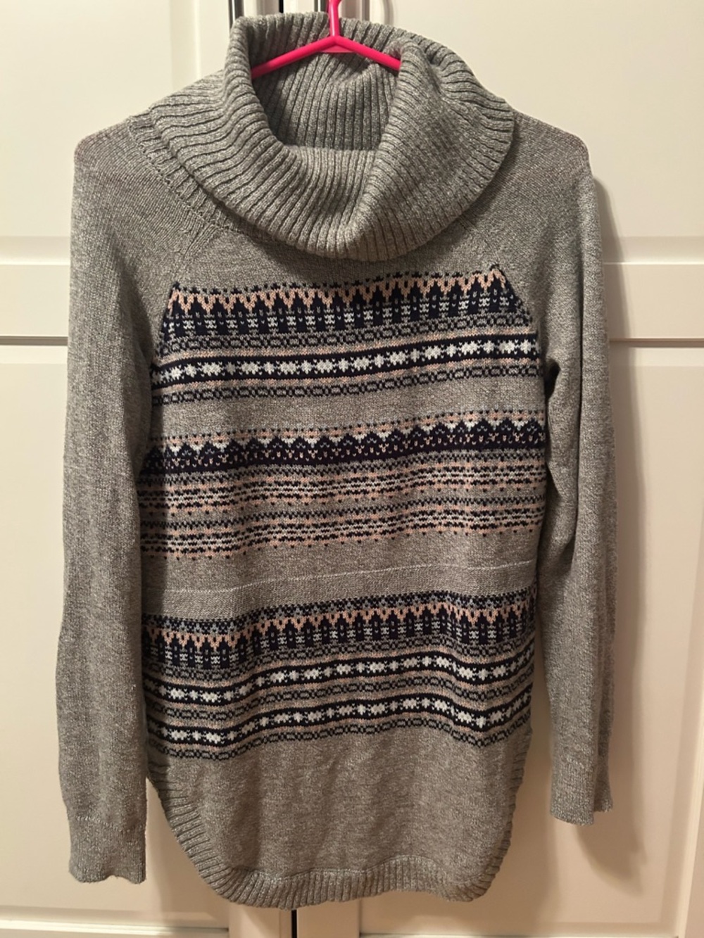 Ricki’s Cowl Neck Gray Fair Isle Sweater